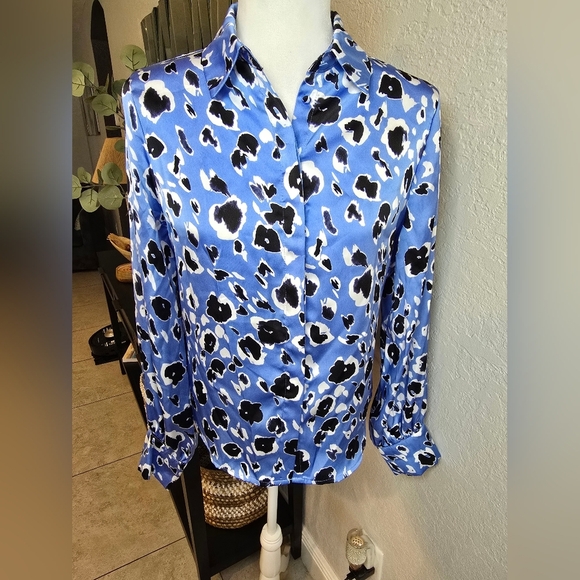 Zara Women's S Animal Print Button-Up Shirt Satin Effect, Black Blue White S - Picture 3 of 6